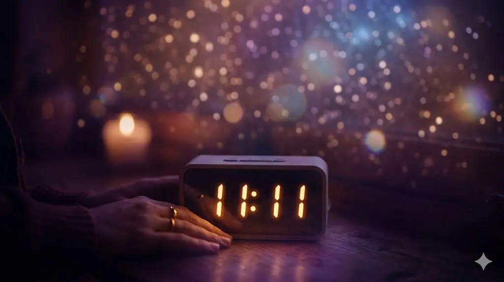 the number 11:11 glowing on a digital clock against a dark mystical background