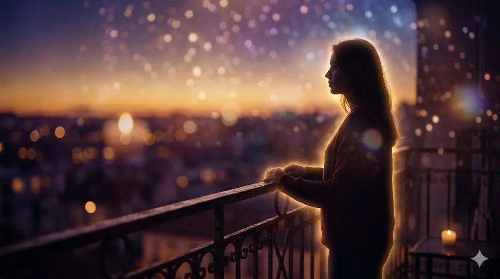 silhouette of a person standing alone thinking about someone, with a glowing 11:11 overlay