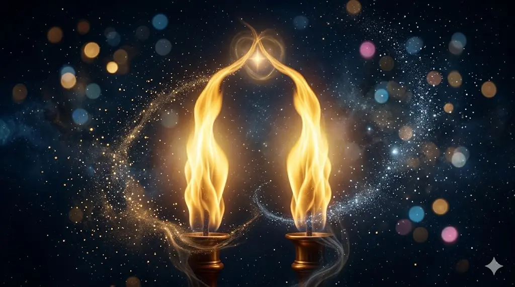 two flames merging together in a mystical and spiritual setting representing twin flames