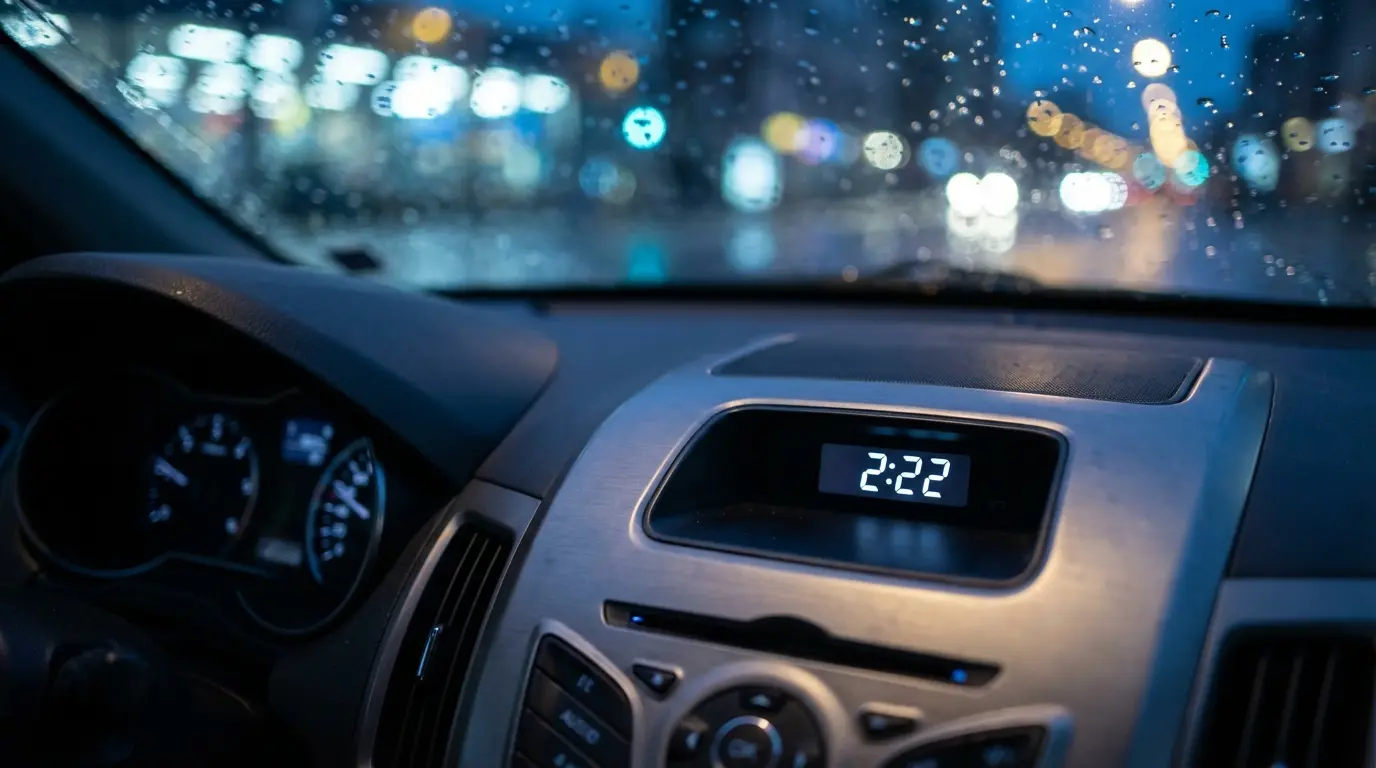 close-up of a car dashboard clock showing 2:22 with blurred rainy windshield in background, moody blue-gray tones, representing the emotional weight of seeing 222 repeatedly