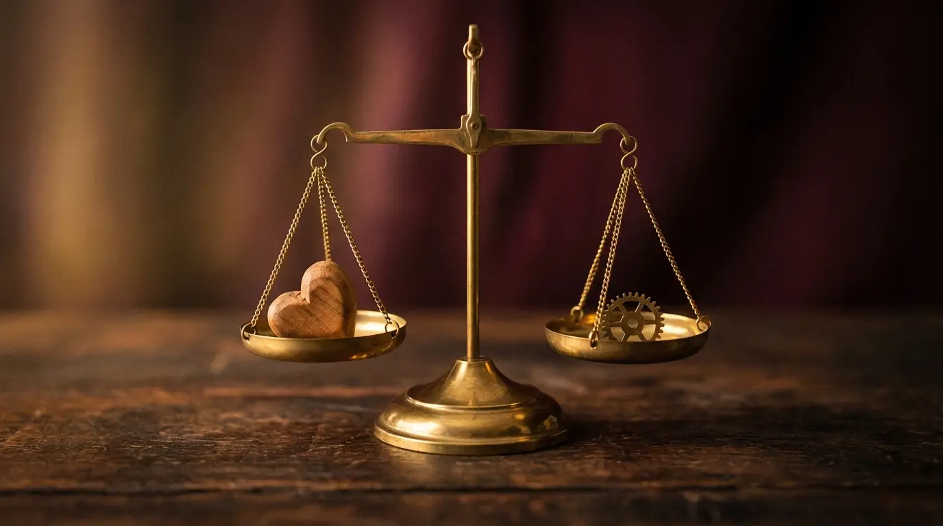 vintage brass balance scale with a small wooden heart on one side and a miniature gear on the other, warm golden light, symbolizing balance between love career and growth
