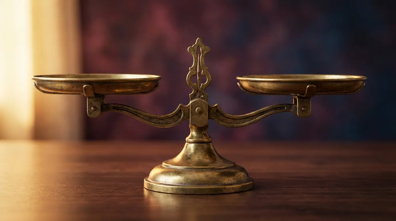 antique brass balance scale perfectly level on a dark surface with warm directional light, representing the balance and alignment meaning of 222