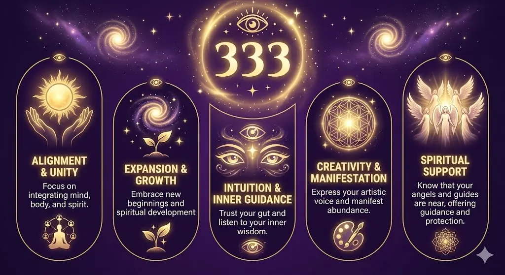 infographic showing the spiritual symbolism and meanings of angel number 333