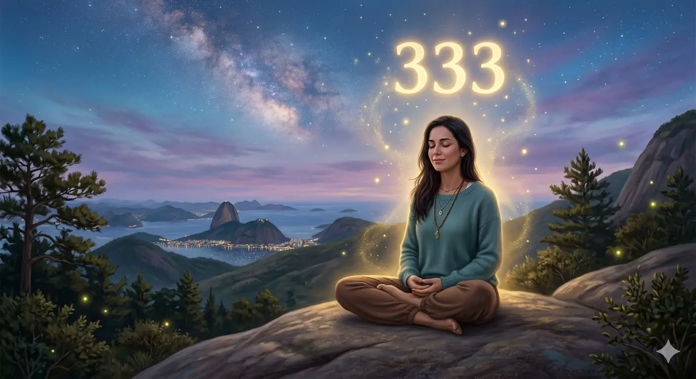 person meditating peacefully with angel number 333 glowing in the air above them