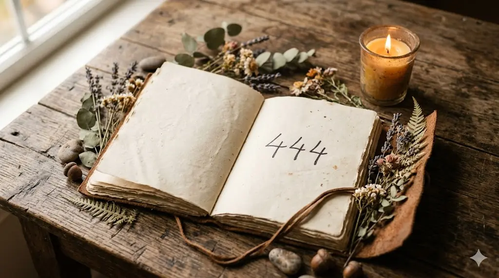 open journal on a wooden table with the number 444 written on the page surrounded by dried flowers and soft candlelight, symbolizing spiritual reflection after loss