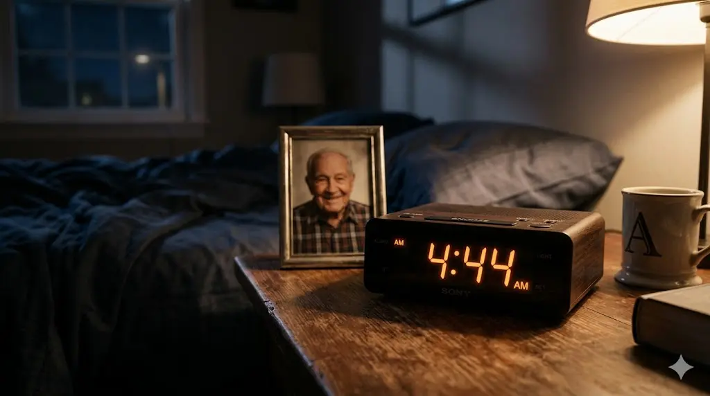 close-up of a digital clock showing 4:44 on a bedside table in a dimly lit bedroom, evoking grief and spiritual signs after losing someone