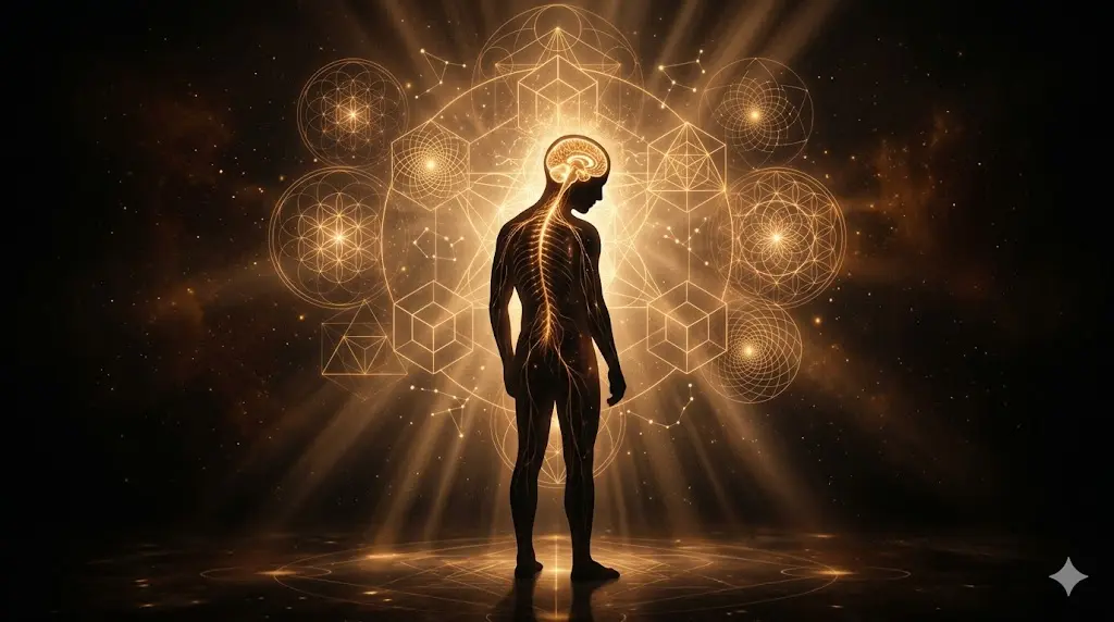 human brain illustration merging with soft golden light and sacred geometry patterns, representing the intersection of science and spirituality in grief and the meaning of 444