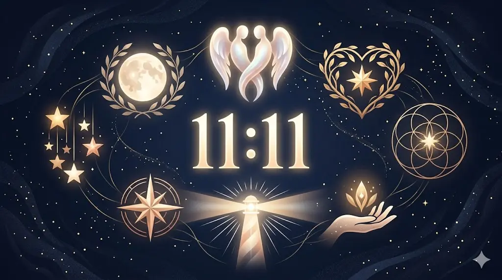 infographic showing 7 spiritual meanings of seeing 11:11 when thinking about someone