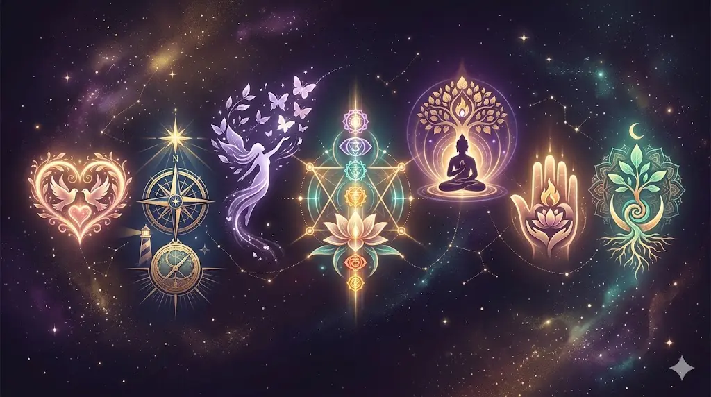 visual infographic showing 7 spiritual interpretations of a song playing at the right time with icons and short descriptions