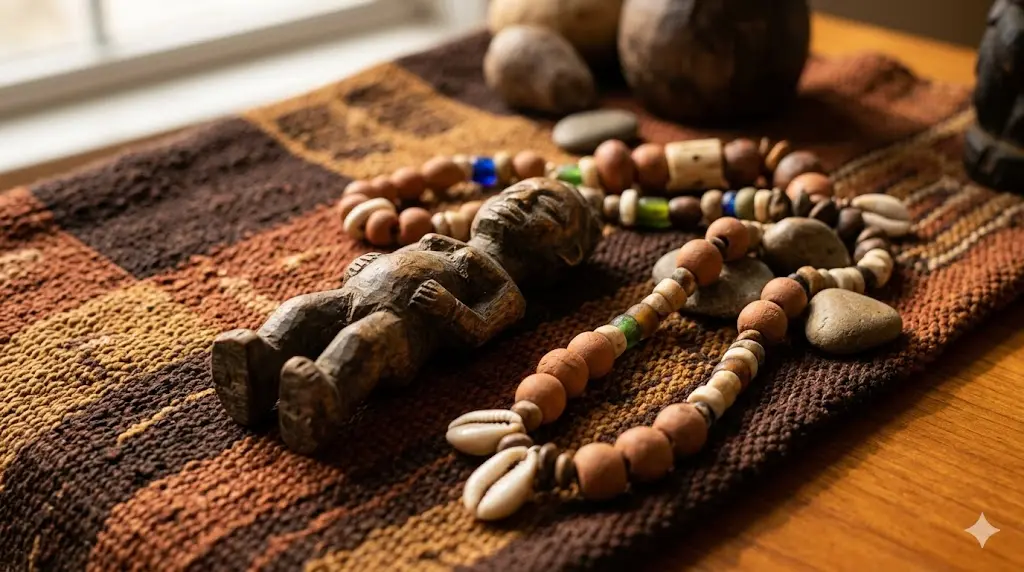 close-up of handcrafted African spiritual objects with rich earth tones and natural textures, representing ancestral wisdom