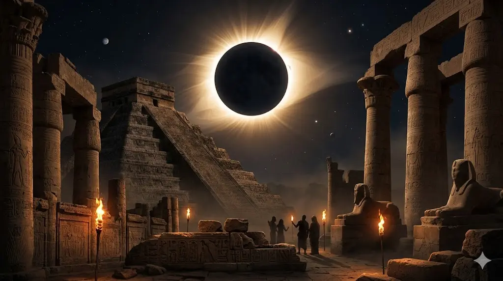 ancient stone temple ruins at night under a total solar eclipse, representing how ancient civilizations interpreted the spiritual meaning of eclipses