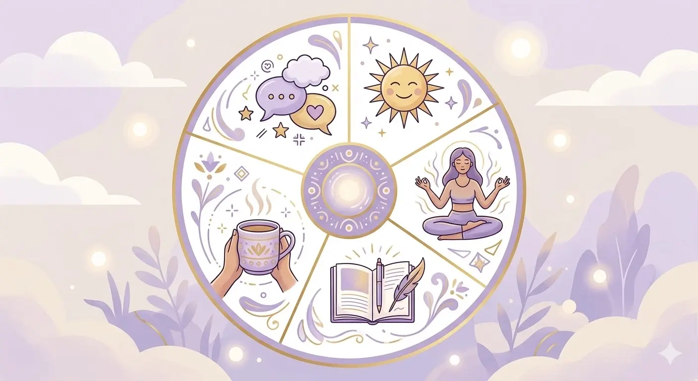 infographic showing a calming morning routine with motivational phrases and emotional balance icons