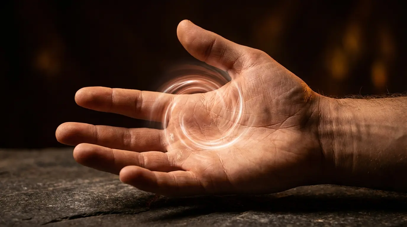 close-up of a person's open palm hovering above a surface with warm copper light emanating from the center of the palm, representing the body's energetic prioritization during spiritual awakening appetite changes