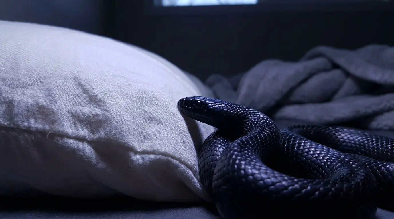 close-up of a black snake coiled near white pillows on a bed in cold dim light, evoking the hidden fear of dreaming about a snake in bed