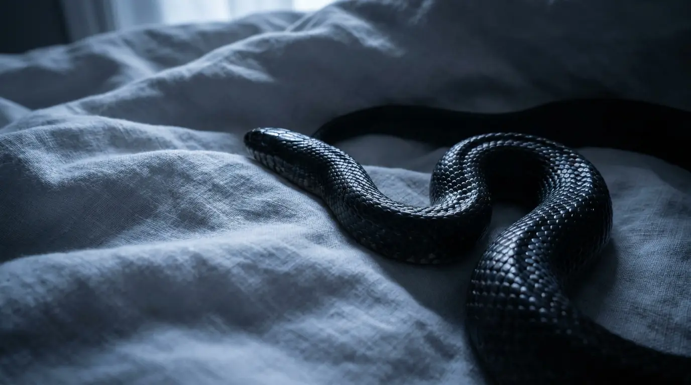 dark glossy black snake resting on crumpled pale sheets in dim blue-gray moonlight, symbolizing hidden fear in dreams