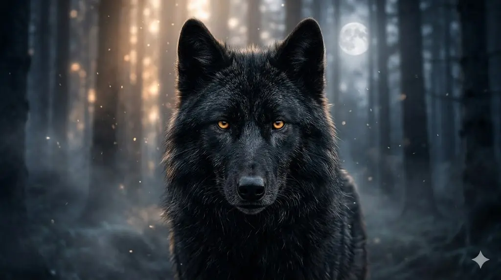 Close-up of a black wolf with intense glowing eyes in a dark mystical forest, representing spiritual power