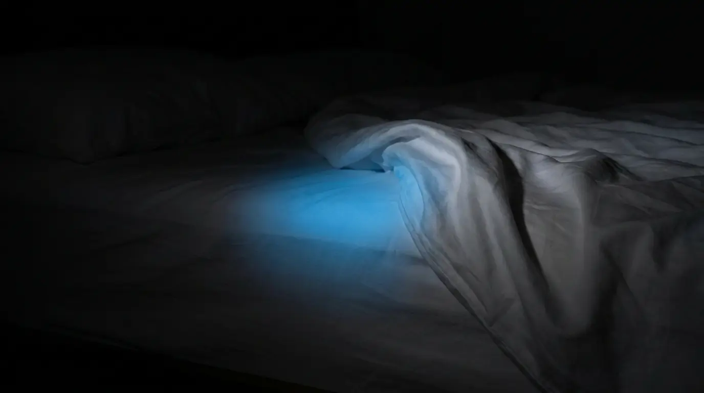 faint blue glow illuminating the edge of a bed in a completely dark room, showing the Purkinje effect of enhanced blue visibility at night