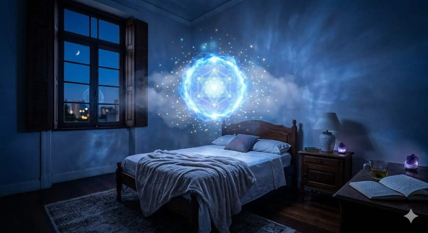 Ethereal blue orb of light floating in a dark bedroom, representing spiritual presence