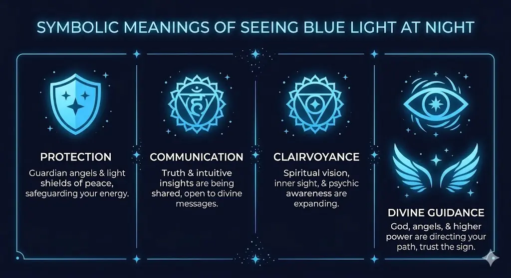 Infographic showing the spiritual symbolism of blue light — protection, communication, clairvoyance, and divine guidance