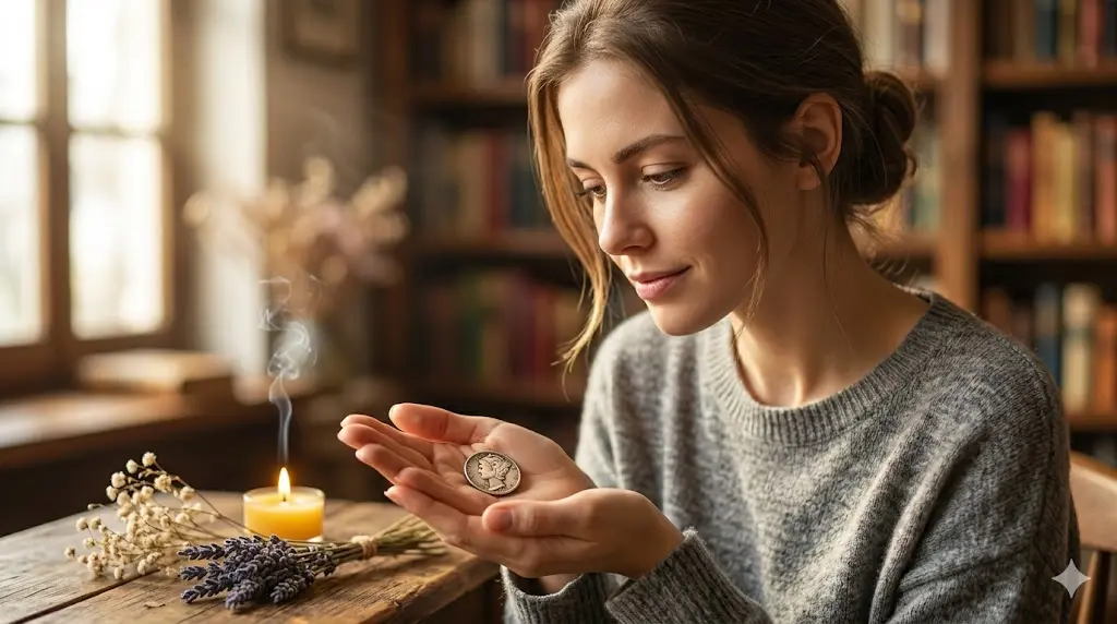 close up of a thoughtful person looking at a coin with a blurred background suggesting reflection and psychology
