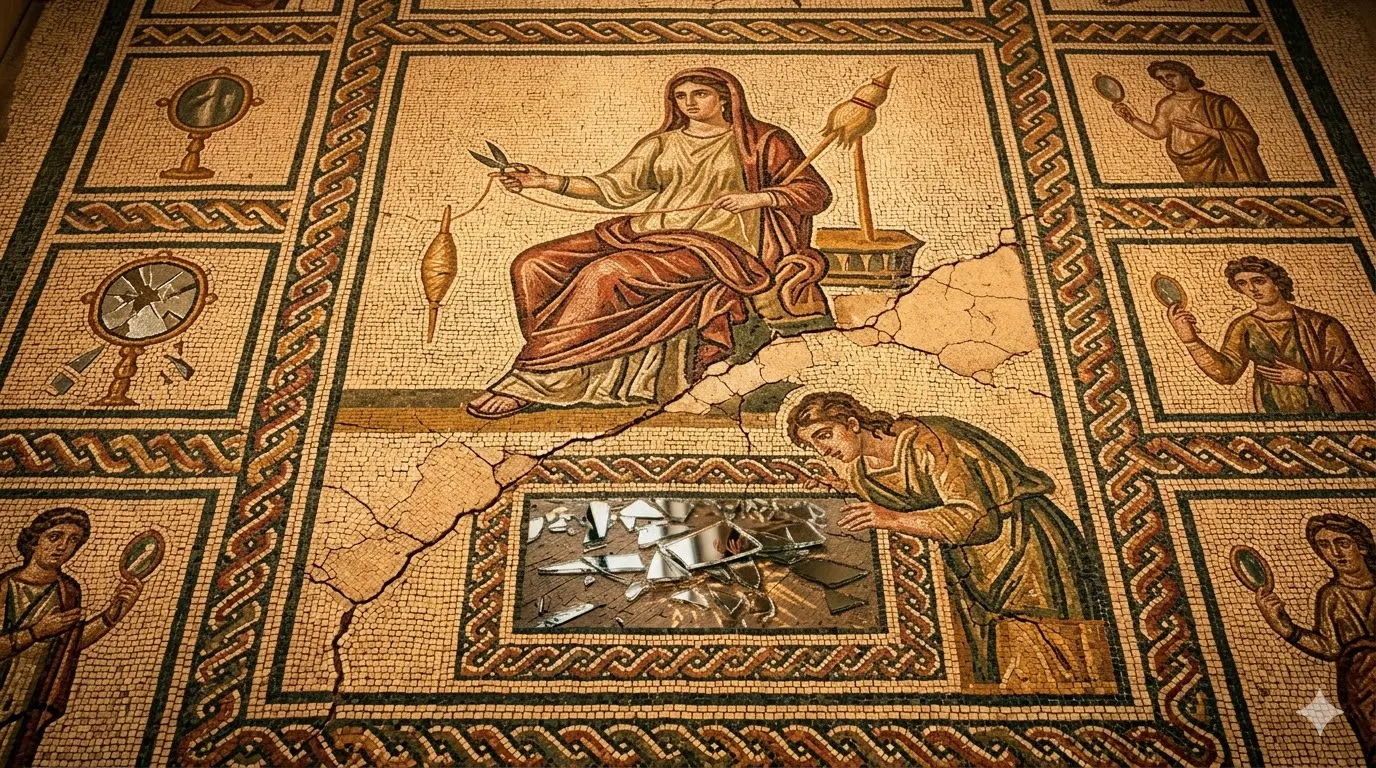 ancient Roman mosaic detail with symbolic mirror imagery, representing the historical origin of the broken mirror bad luck superstition