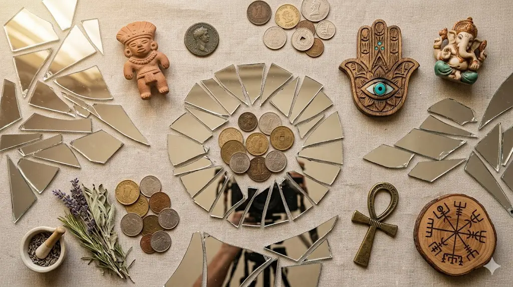 world map surrounded by cultural spiritual symbols and mirror fragments, representing diverse global beliefs about broken mirrors