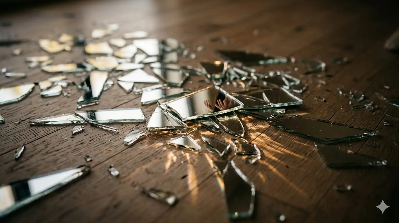 shattered mirror fragments on a wooden surface with soft light refracting through the broken pieces, spiritual symbolism concept
