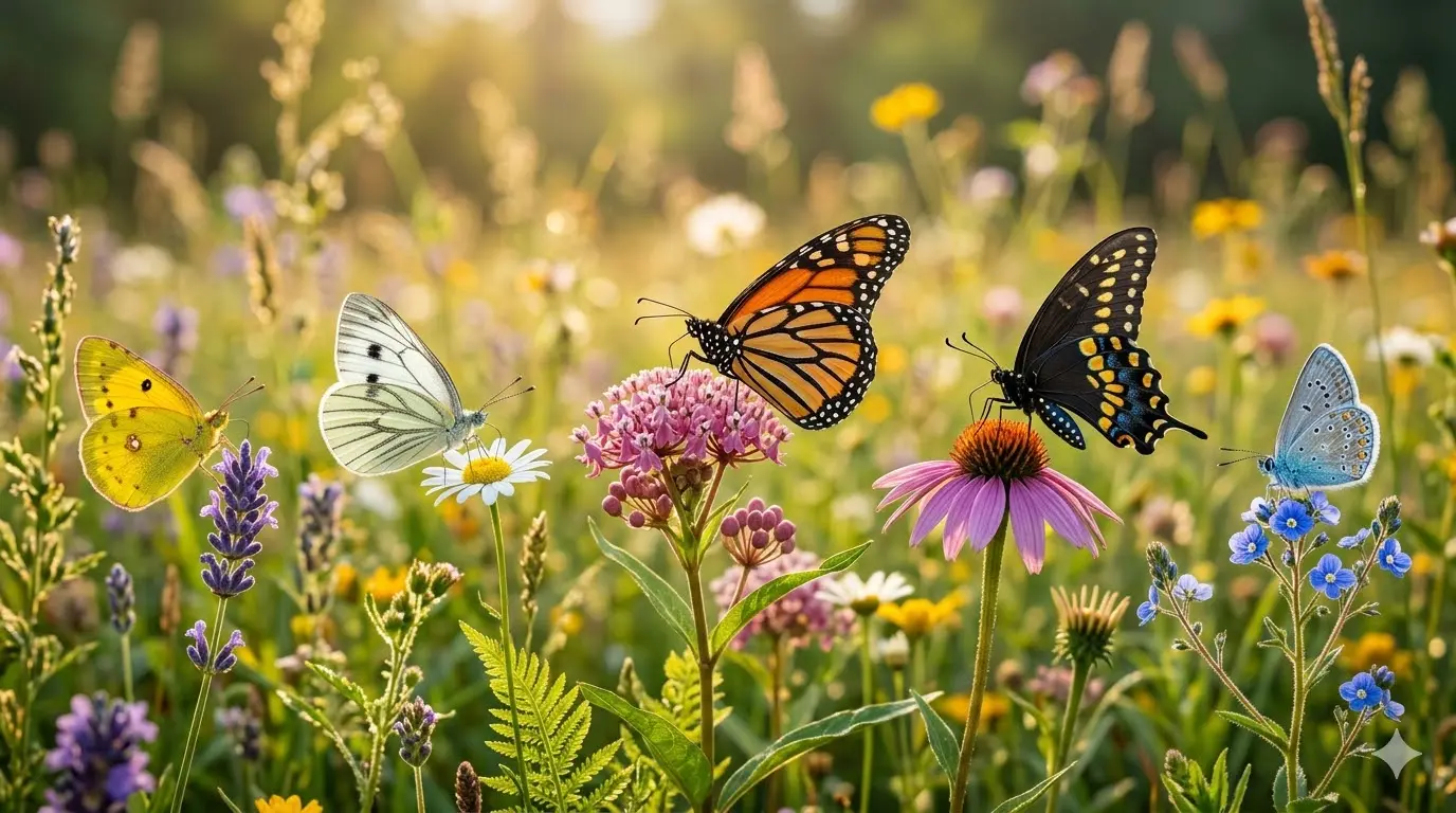 collection of butterflies in different colors including yellow white orange black and blue resting on flowers in natural light