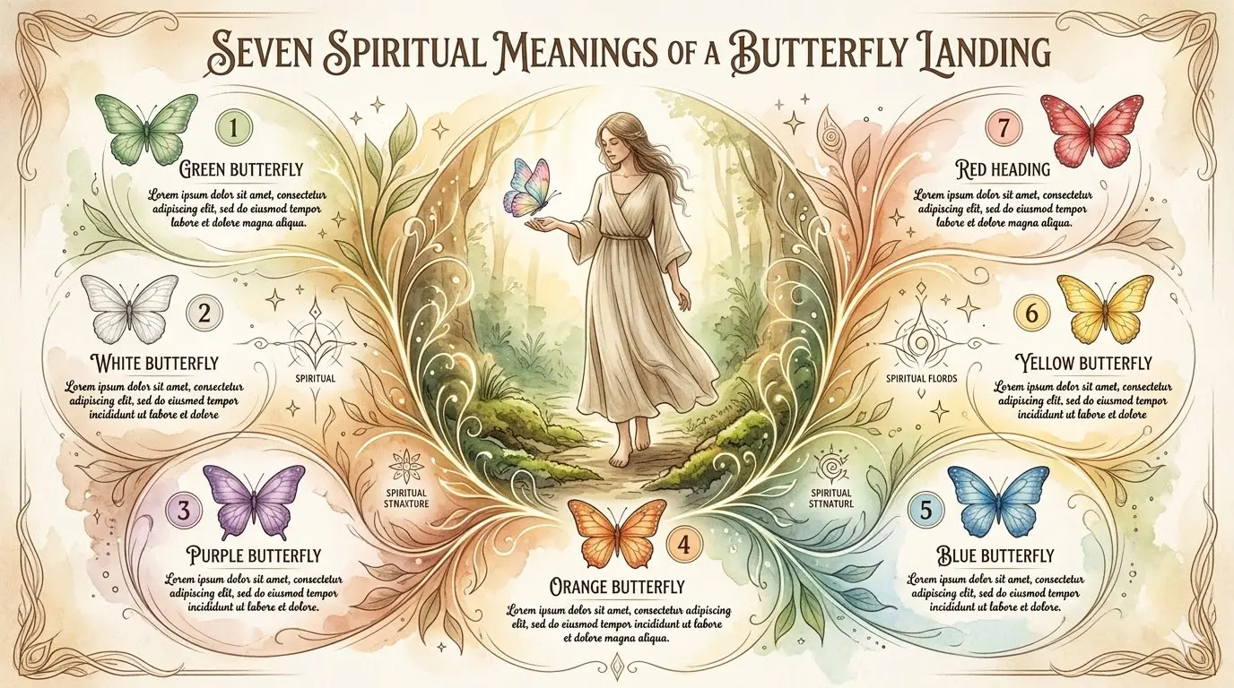 infographic showing 7 spiritual meanings of a butterfly landing on you with symbolic icons and colors