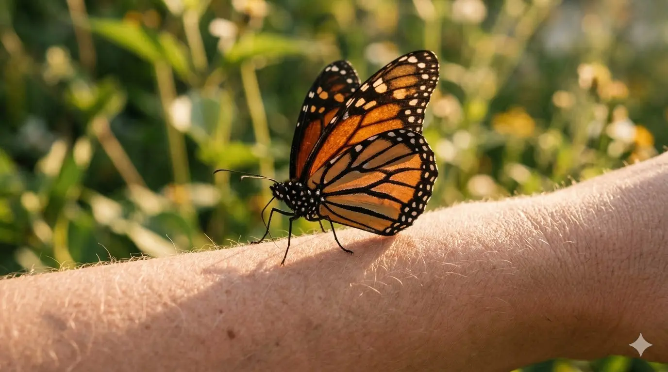 macro close-up of a butterfly landing on human skin with visible wing detail and warm natural sunlight