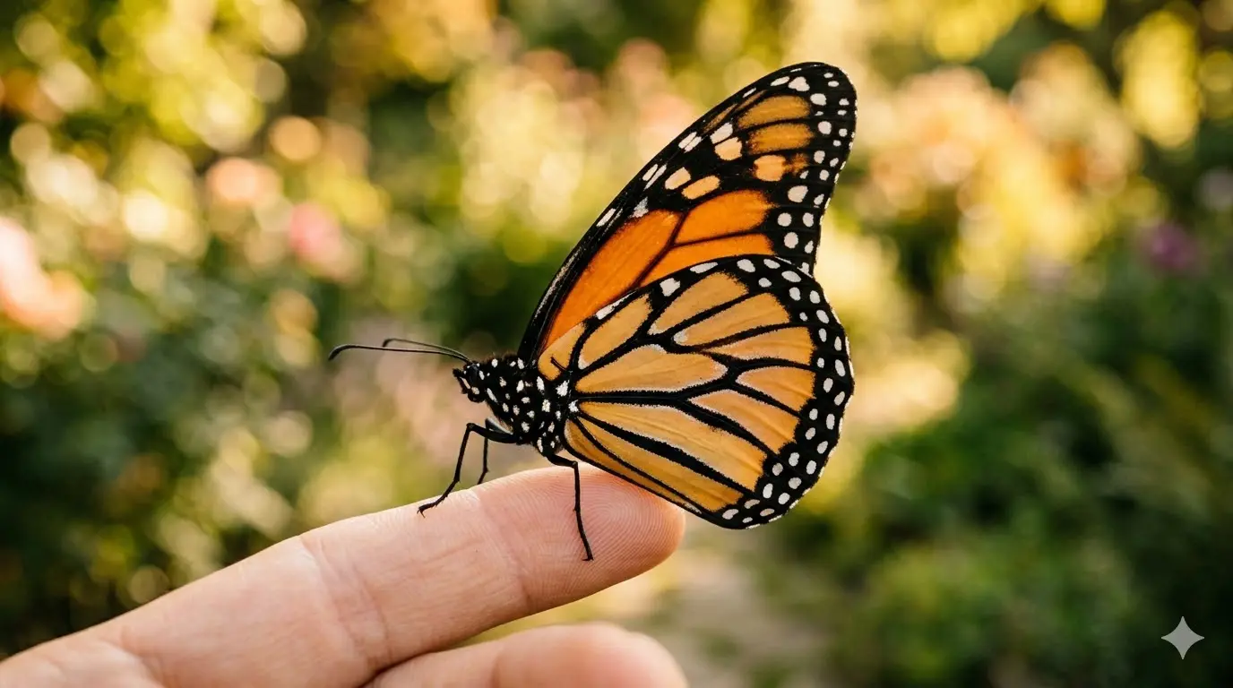 close-up of a colorful butterfly resting on a human finger with soft bokeh background symbolizing spiritual connection
