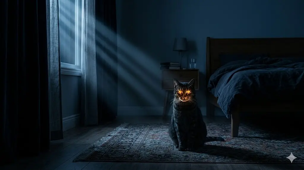 A cat staring intensely in a dark room at night with glowing eyes and moonlight