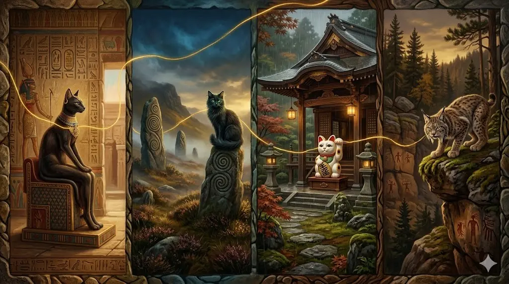 Infographic showing cat symbolism across Egypt, Celtic, Japanese and Native American cultures