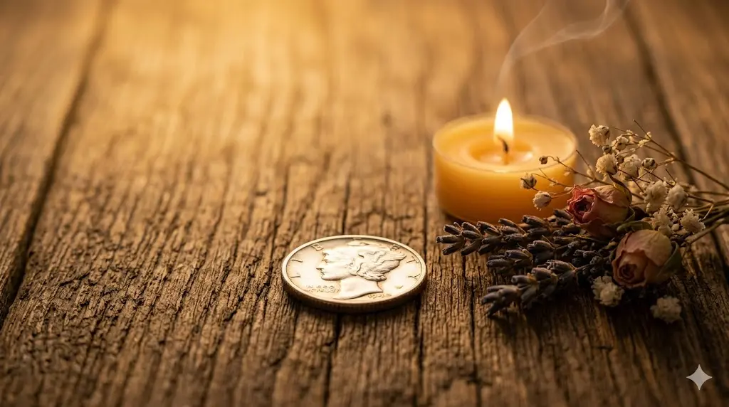single coin on a wooden surface near a candle and dried flowers suggesting remembrance and spiritual connection