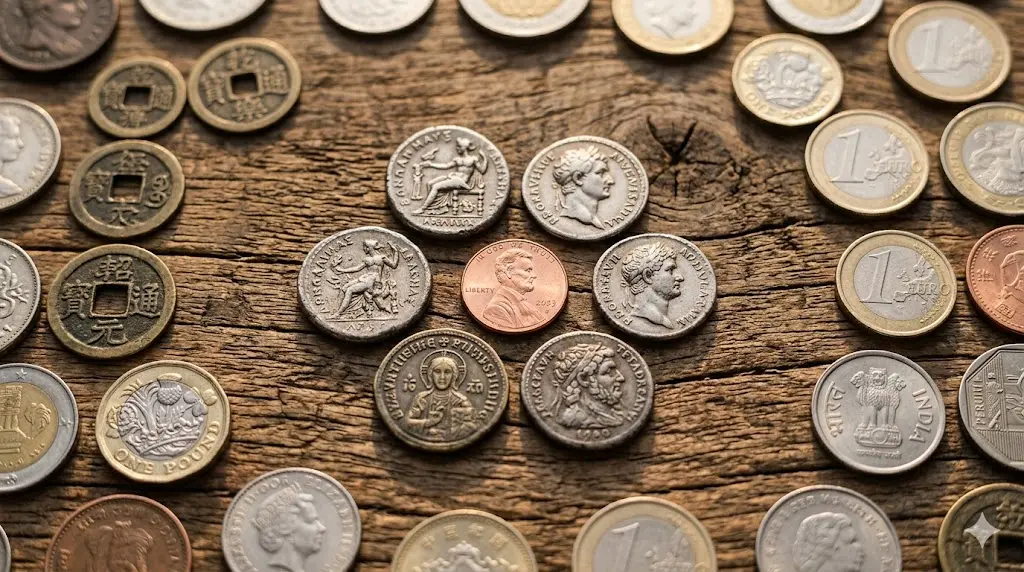 collection of ancient coins from different cultures arranged on a wooden surface with soft light
