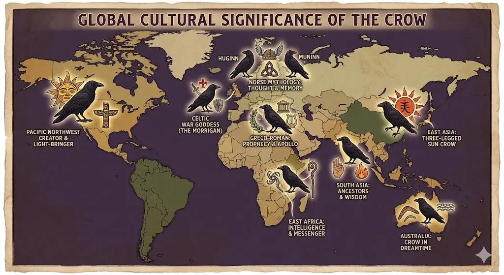world map with symbolic crow icons representing different cultural interpretations across traditions