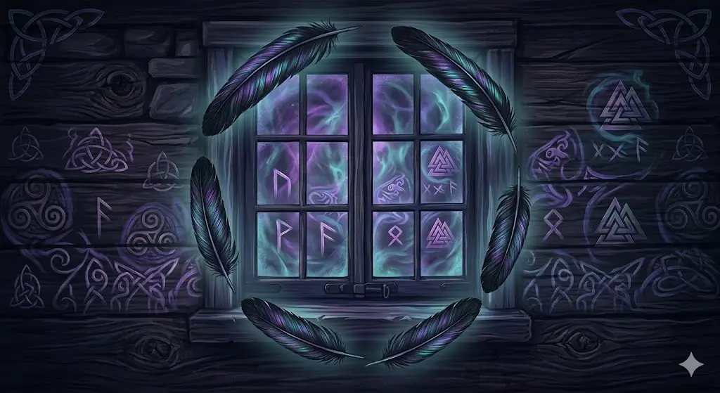 seven feathers arranged around a glowing window, representing spiritual interpretations of a crow