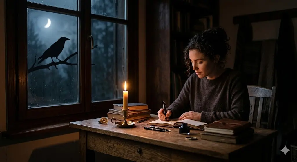 person journaling by a dark window with a crow silhouette visible outside, candlelight, introspective mood