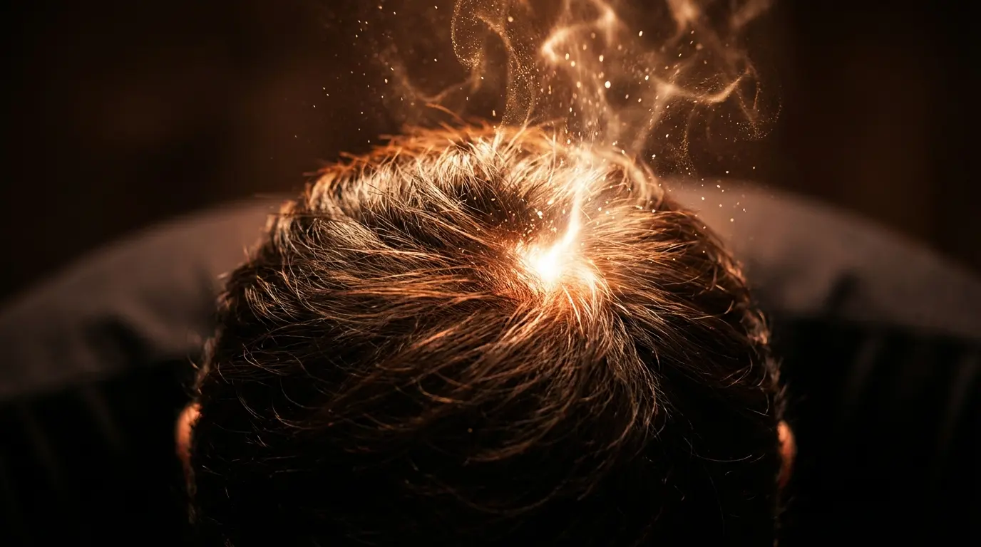 close-up of the top of a person's head with a warm copper and white glow concentrated at the crown, representing crown pressure as a physical symptom of spiritual awakening