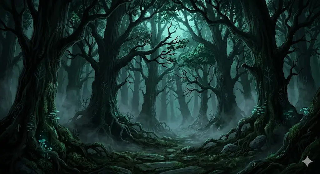 ancient dark forest at night with towering trees and faint moonlight, symbolic spiritual illustration