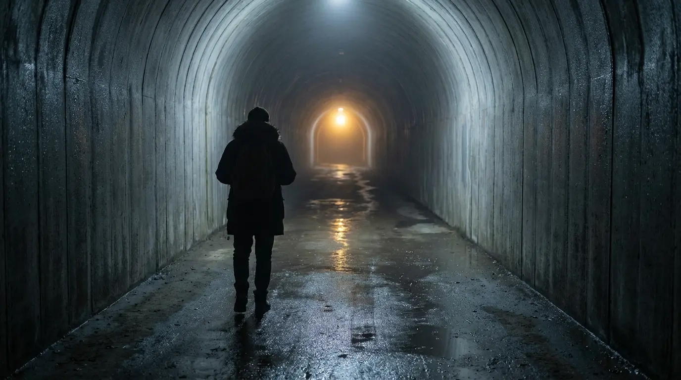 person walking alone through a dark tunnel with a distant point of light at the end, representing the dark night of the soul experience