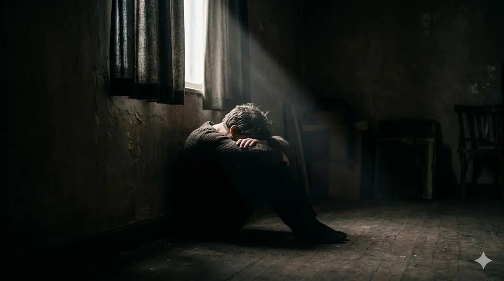 person sitting on the floor in a dark room with their head in their hands, a narrow beam of light cutting through the darkness, representing the fine line between depression and spiritual transformation