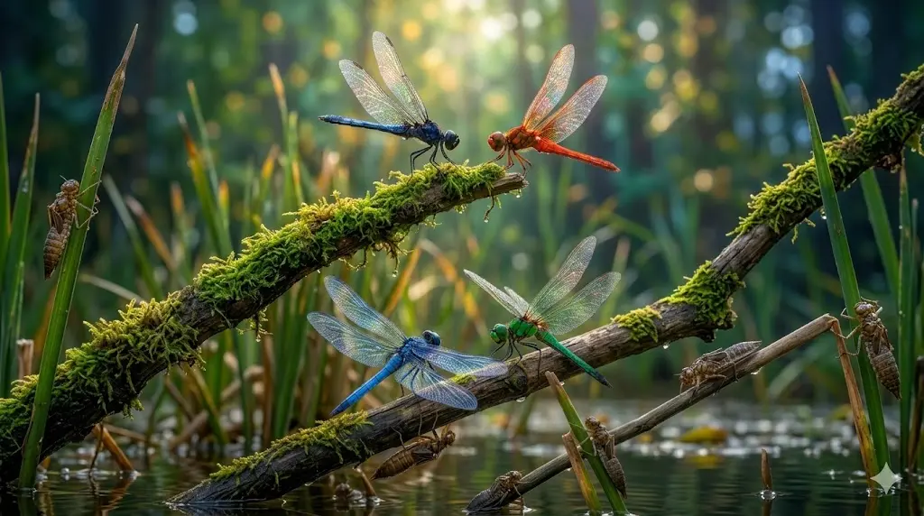 Four dragonflies in different colors — blue, green, black, and red — resting on branches in a mystical forest, each representing a unique spiritual meaning
