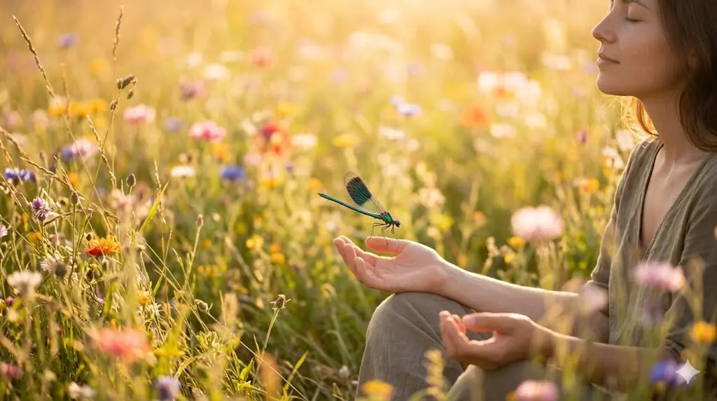 A person sitting peacefully in a sunlit meadow with a dragonfly landing gently on their open hand, representing emotional healing and spiritual connection