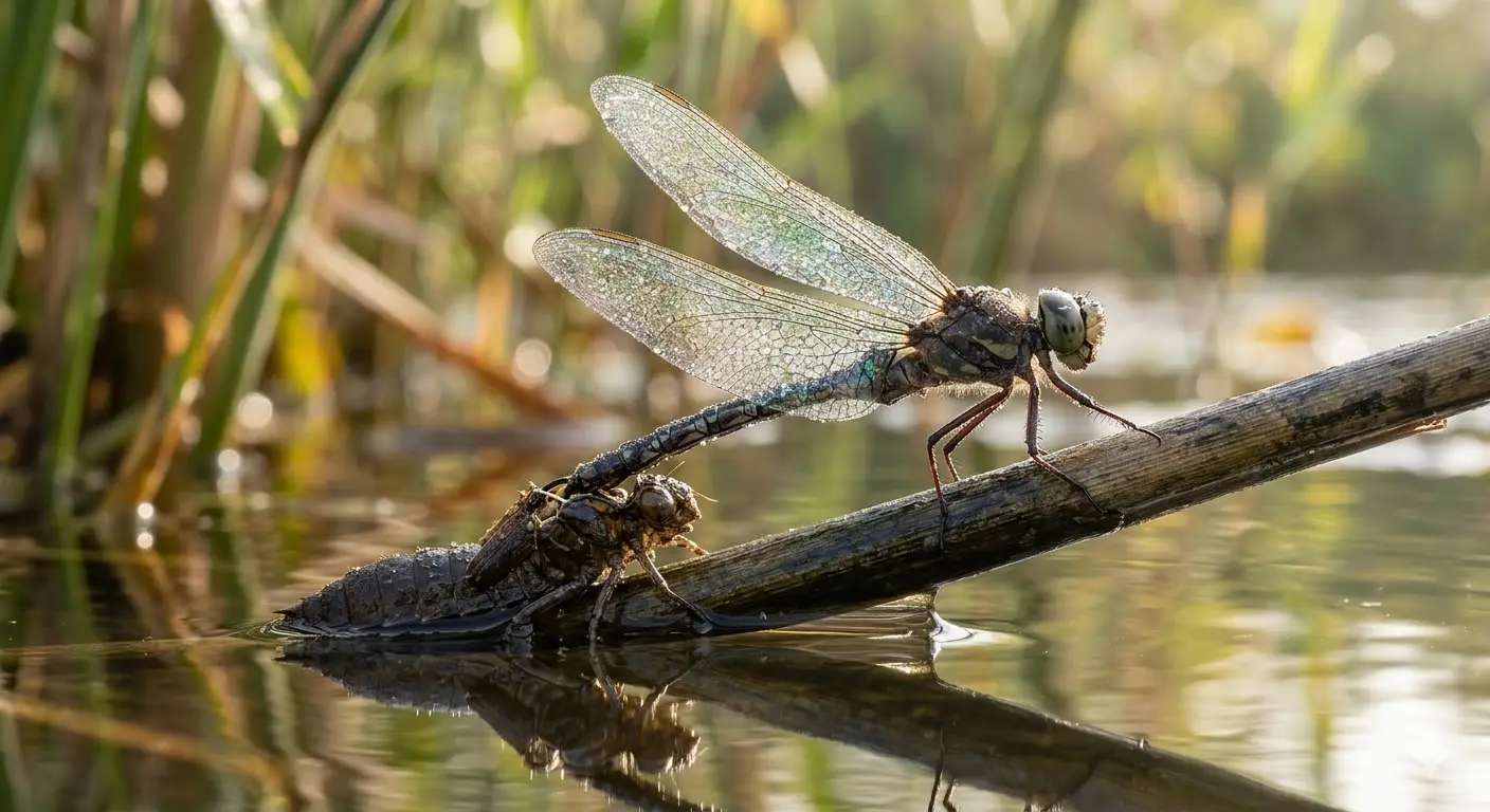 A dragonfly nymph emerging from water and transforming into a fully formed dragonfly, representing spiritual transformation and personal growth