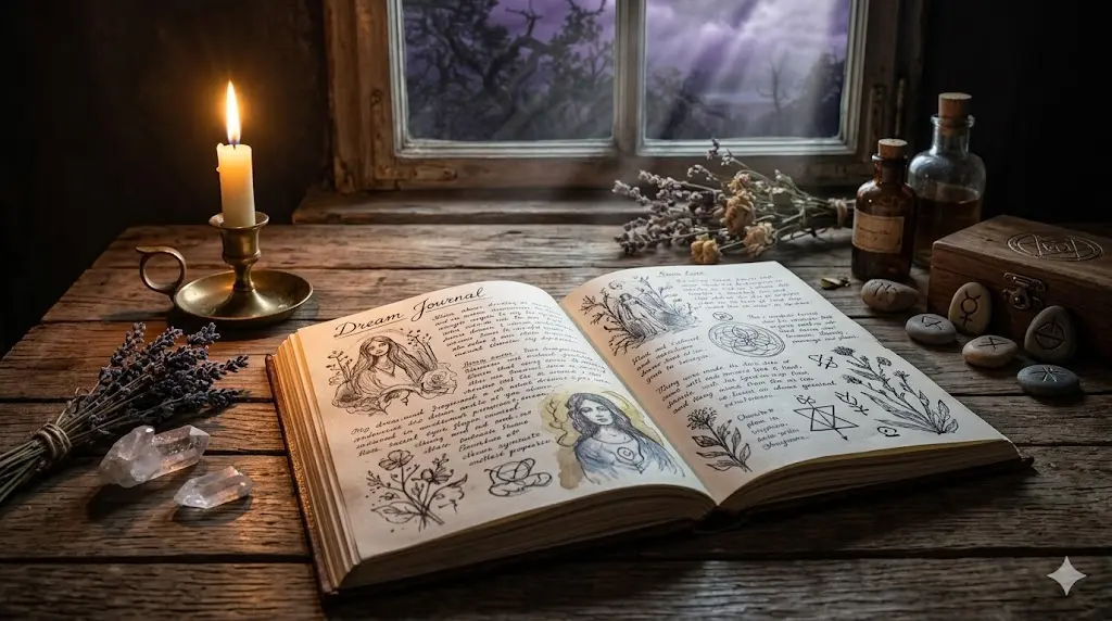 open dream journal on a wooden table with a candle and moonlight, spiritual introspective setting