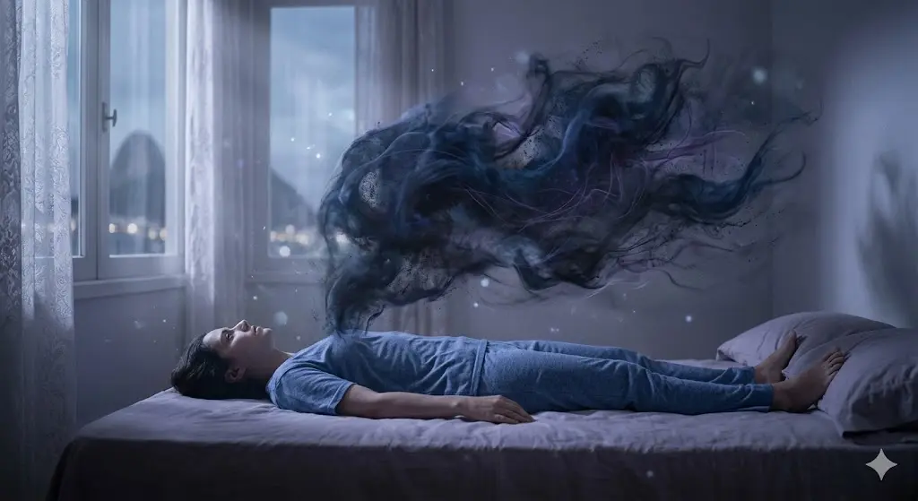 person lying paralyzed in bed during a vivid dream, shadowy figure above them, spiritual dream meaning