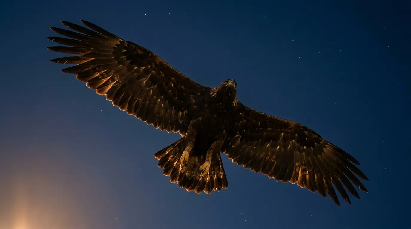 view from below of an eagle soaring overhead at night with talons visible against dark sky