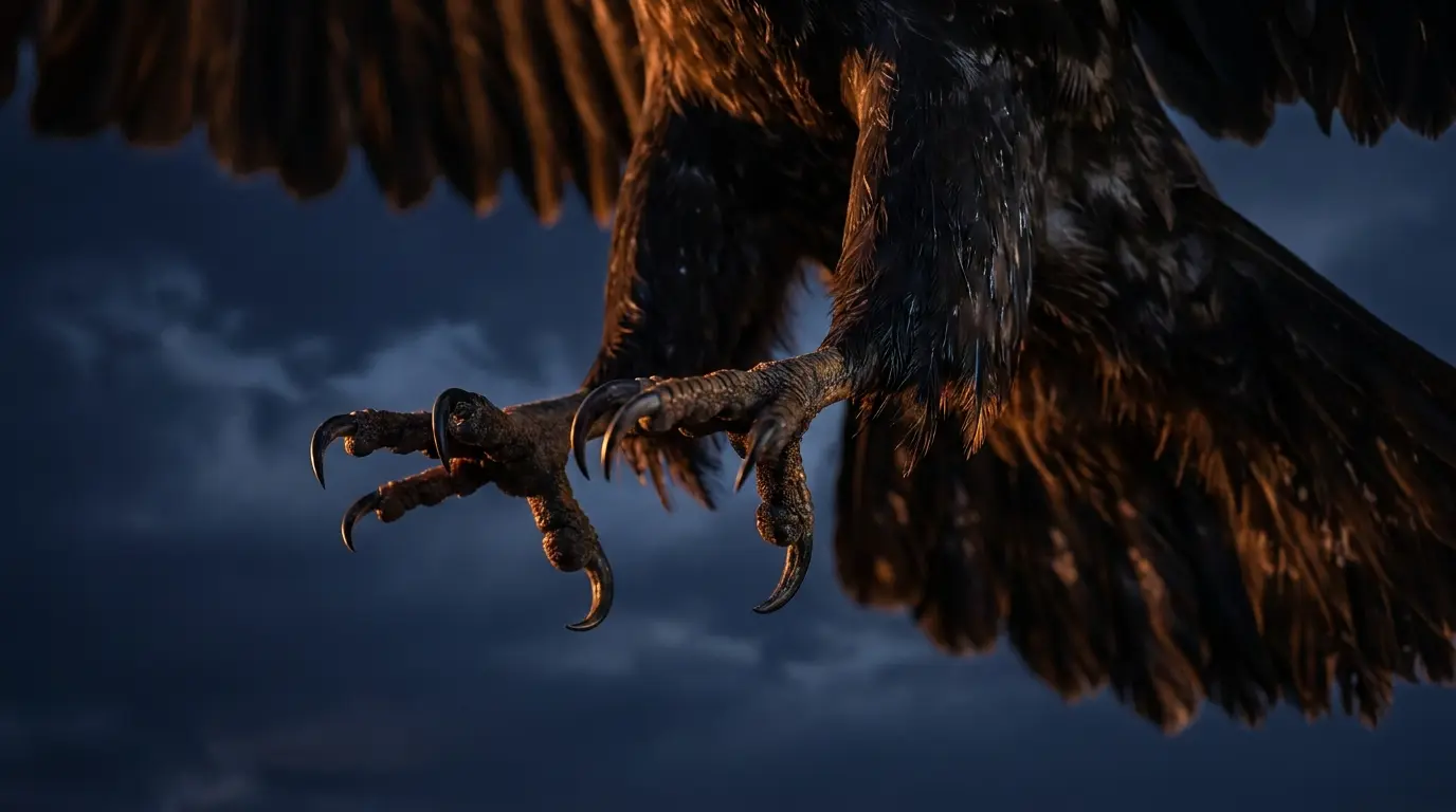 close-up of eagle talons and lower body in flight against a moonlit night sky with amber highlights