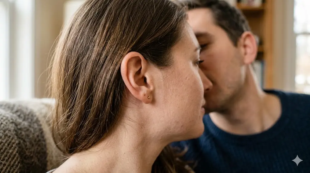 close-up of a real woman's ear while another person whispers closely behind her, shallow depth of field, representing the belief that ear burning means someone is talking about you